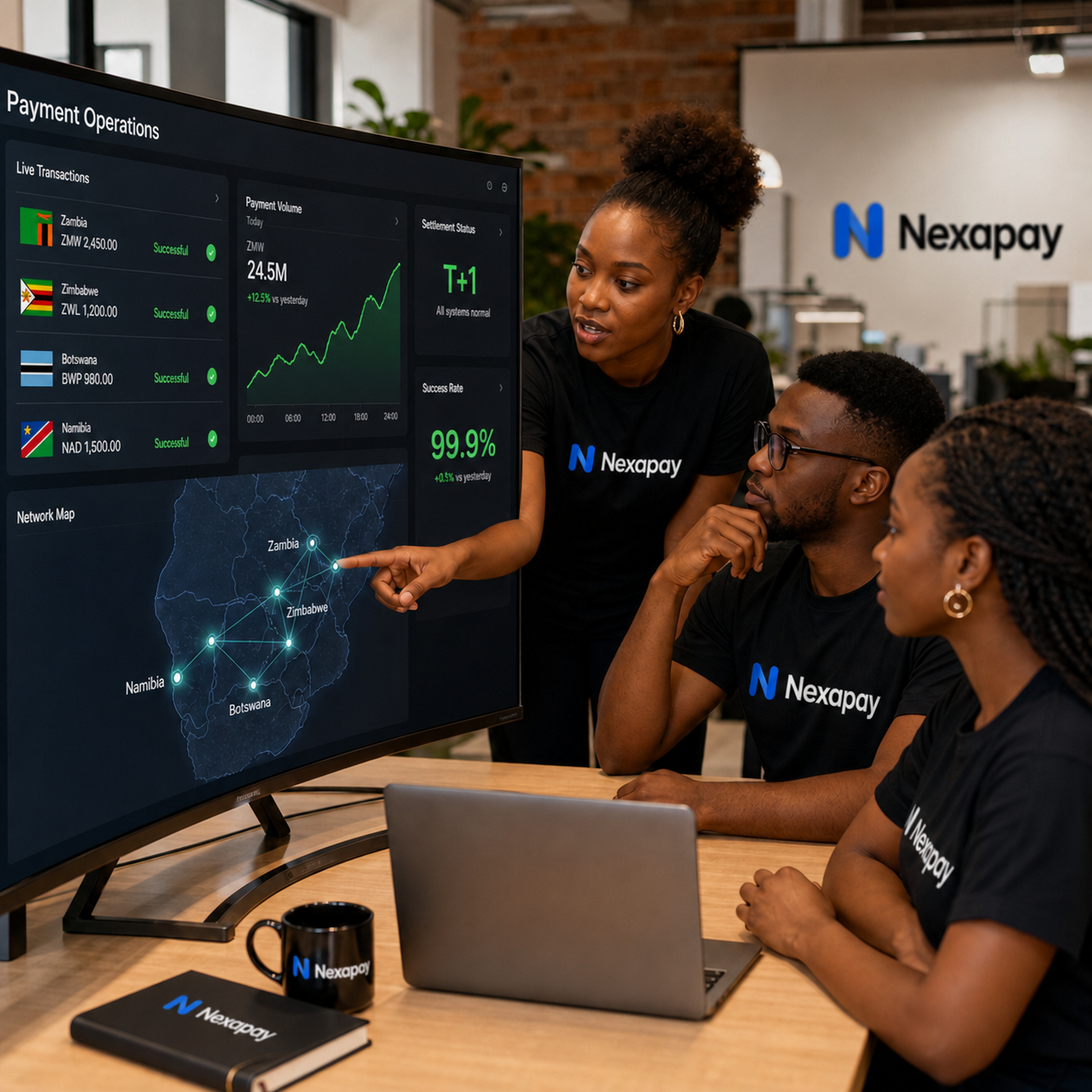 NexaPay real-time operations dashboard showing live transaction flows and T+1 settlement pipeline